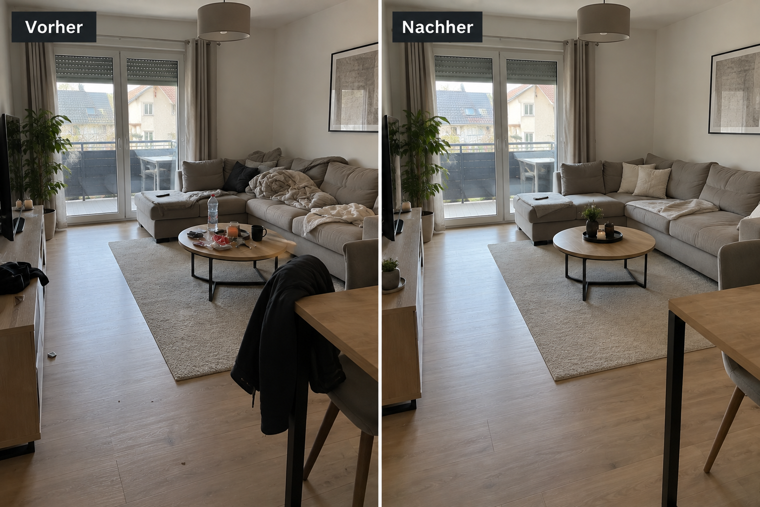 Haushaltsreinigung Vorher und Nachher: links unaufgeräumtes Wohnzimmer, rechts aufgeräumt und gereinigt