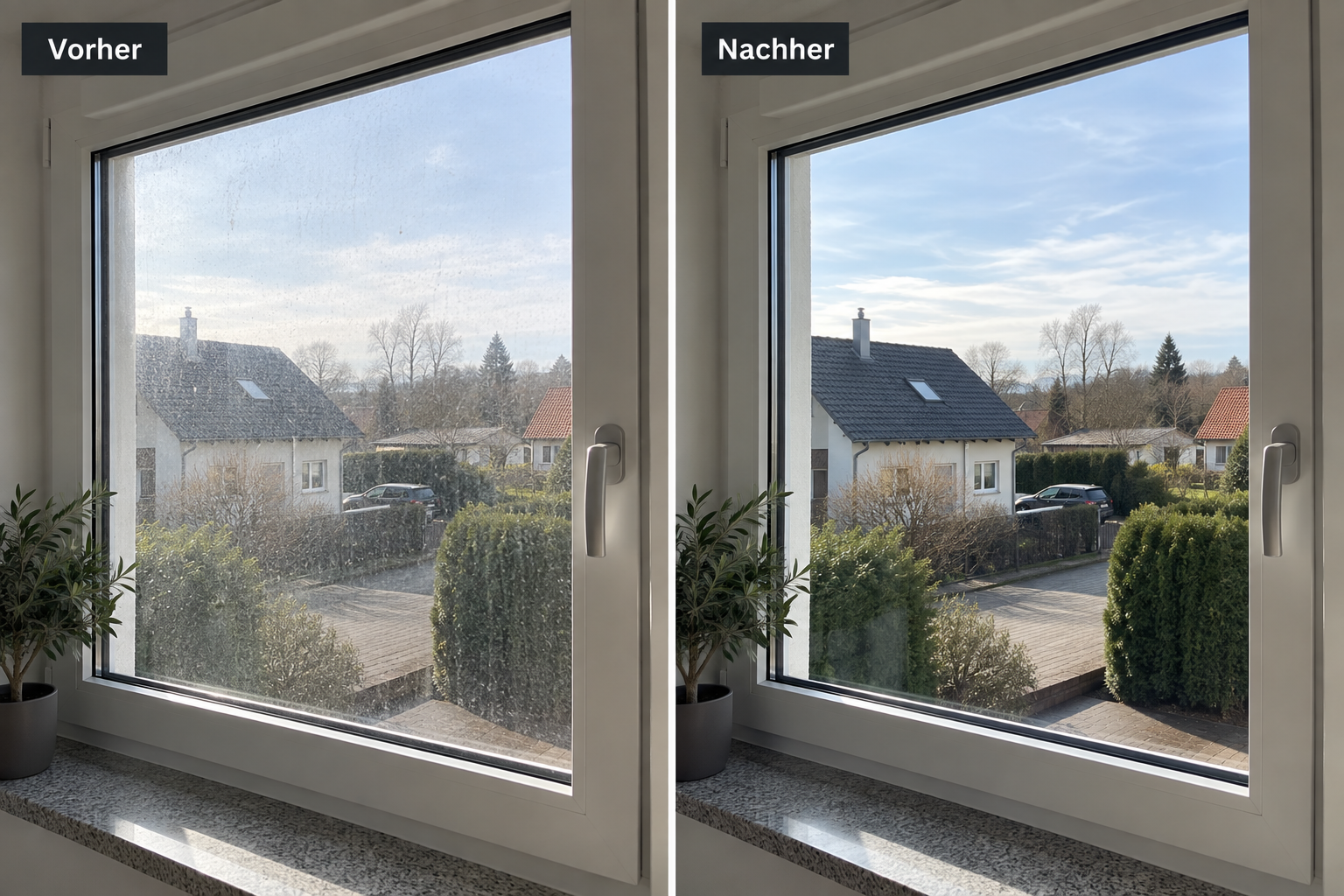 Fensterreinigung Vorher und Nachher: links verschmutztes Glas, rechts streifenfrei sauber