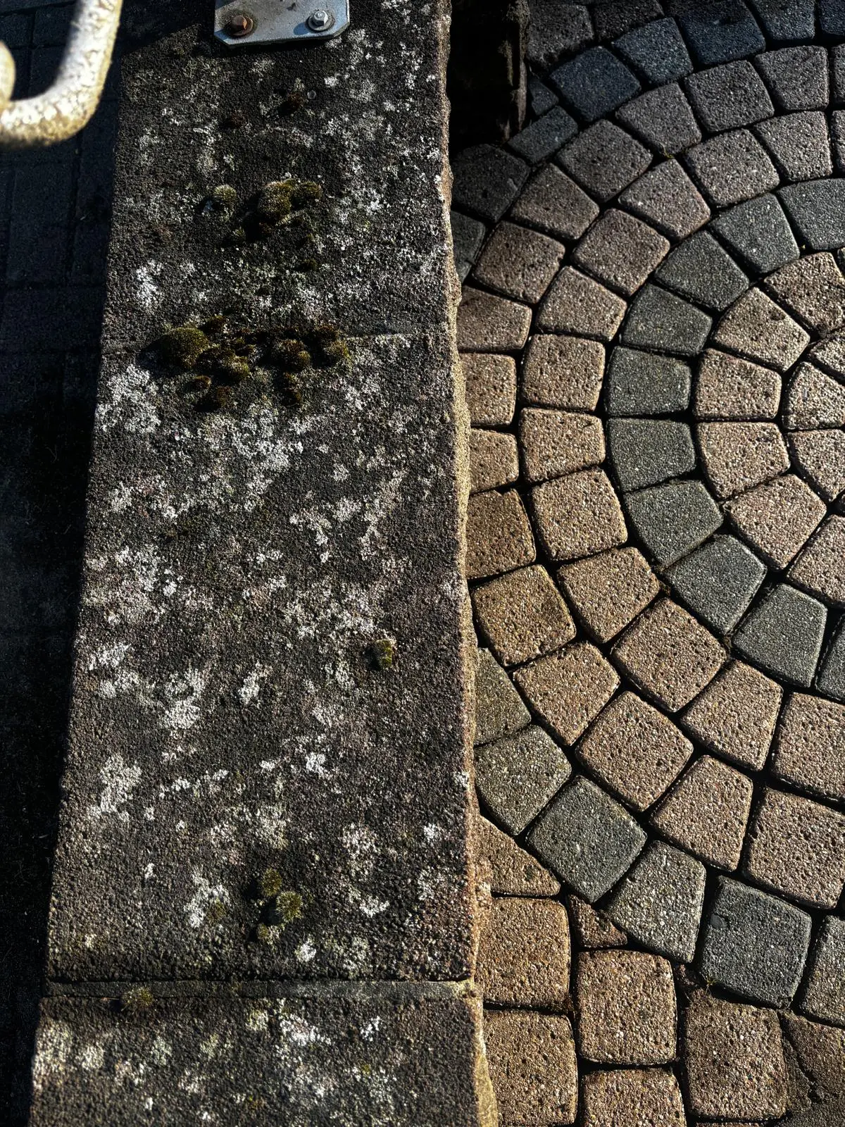 Steinmauer vor der Reinigung mit Moos und Ablagerungen